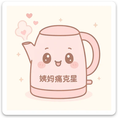 pink electric kettle labeled '姨妈痛克星', steam and small hearts coming out of the spout, radiating warmth and care, cute friendly style, comforting VIP service during period time sticker