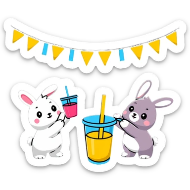 bunny and bear clinking juice cups under string lights sticker