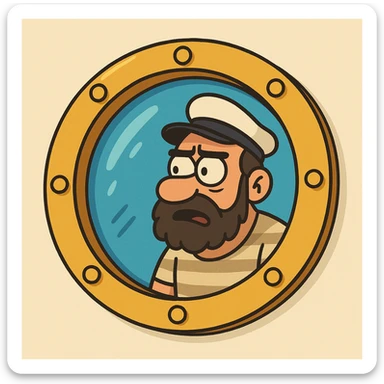 cartoon-style ship porthole with blue glass and shiny gold rim sticker