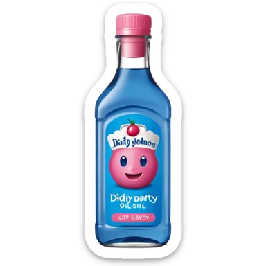 bottle of oil blue top pink outside with logo that says Diddy Party oil Johnson and Johnson  brand with a smiling berry on top sticker