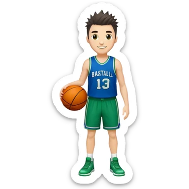 Full Body heavy tall white male with dark short spike hair basketball player wearing blue green uniform smiling sticker