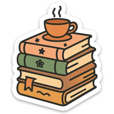 A cute stack of books with a cozy and magical vibe, each book bound in soft, harmonious colors: golden orange (FA9B41), forest green (4A7C5C), warm taupe brown (96775A), and pastel peach (FFCC9A). The books are slightly worn with rounded corners and decorative covers featuring tiny stars, floral motifs, or whimsical patterns. A ribbon bookmark peeks out from one, and a small cup of tea or magical trinket rests on top of the stack. The lighting is warm and gentle, with a dreamy, storybook feel. The overall scene feels inviting, charming, and gently enchanted. sticker