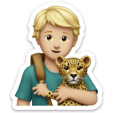 Little boy with blonde hair holding a jaguar toy sticker