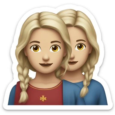 twins in Copenhagen - caucasian race - females - wearing some Denmark symbol sticker