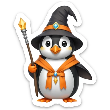 Penguin wearing a wizard hat and robe holding a magic wand sticker