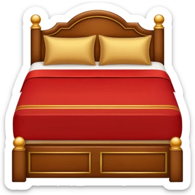 bed with red and gold sheets, wooden sticker