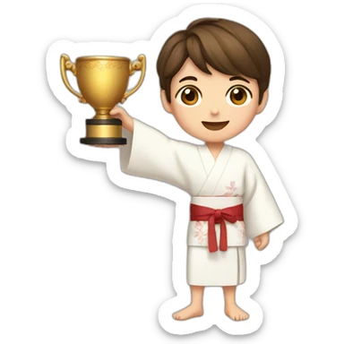 a 12-year-old boy with brown hair in a white kimono holds a prize cup with two hands sticker