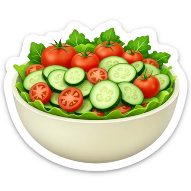 Salads avatar in clean emoji-style illustration. Fresh salad bowl with greens, tomatoes, cucumber, bright green tones, simple shapes, flat design, high contrast, light and healthy. sticker
