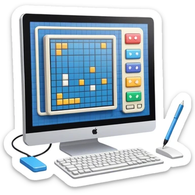 Emoji for Game Design: computer screen with Professional game development interface, 3D models, pixel art and design tools like grid, wireframe, and stylus. Symbolizes the technical and creative process of game development. Transparent background. sticker