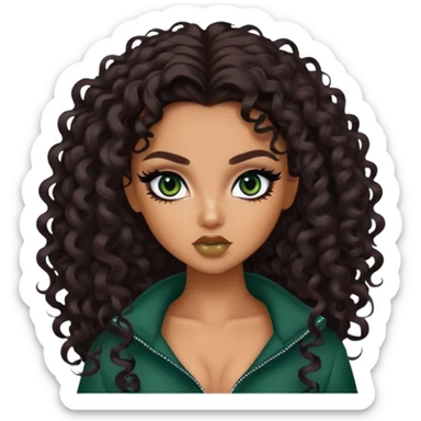 curly long dark brown hair, tan skin,  dark green iris, pretty bratz baddie, black eyeliner sticker