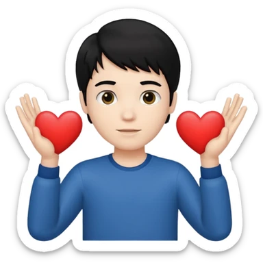 White boy with black hair holding up heart hands sticker