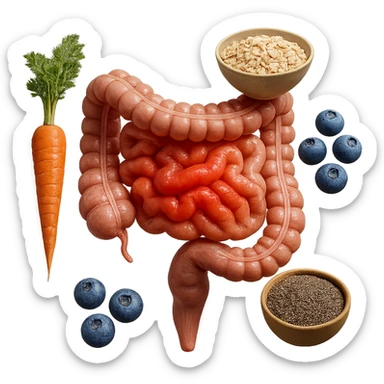 intestino umano anatomico infiammato al centro con carota, bowl di avena, mirtilli, bowl di semi di chia che gli fluttuano intorno , iperrealistico 4k sticker