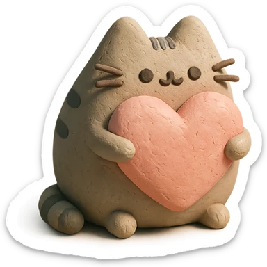 Pusheen hugging a big heart, pastel colors, adorable, claymation style sticker