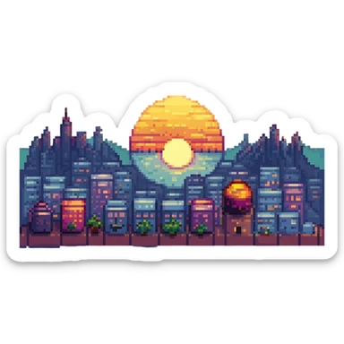 sunset emoji with a city skyline, blocky and colorful sticker