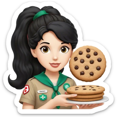 white girl scout selling cookie at Wendy’s big black hair on ponytail and Wendy’s logo sticker