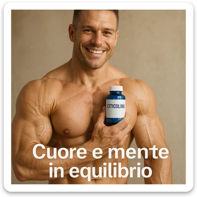 hyper realistic bodybuilder holding blue bottle of Citicolina near heart, well visible muscles, text 'Cuore e mente in equilibrio', positive atmosphere, realistic details sticker