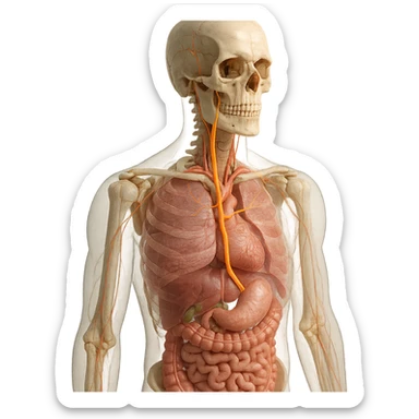 realistic 4K detailed anatomical image of the human body highlighting the vagus nerve, showing its precise path from the skull to the main organs, natural colors, transparency effect to reveal internal organs, clinical atmosphere, neutral background sticker