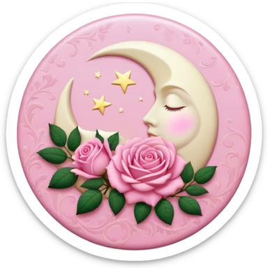 A round pink button with a light cream full damask moon and pink roses in the center sticker