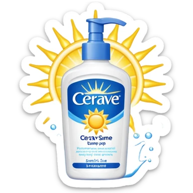 White CeraVe pump bottle with blue label and bright yellow  glow badge. Floating in golden morning light, encircled by radiant sunbeams and shimmering protective particles. Shield Glossy, potion-like, symbolizing daily moisture and powerful sun defense. sticker