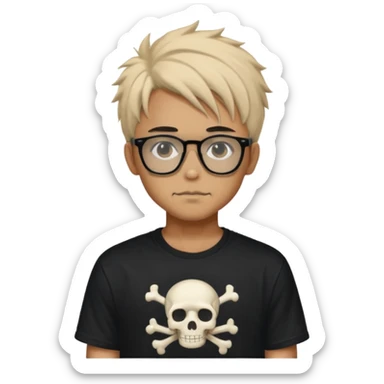 anime hair guy with skeleton makeup. wearing a stussy tshirt with glasses sticker