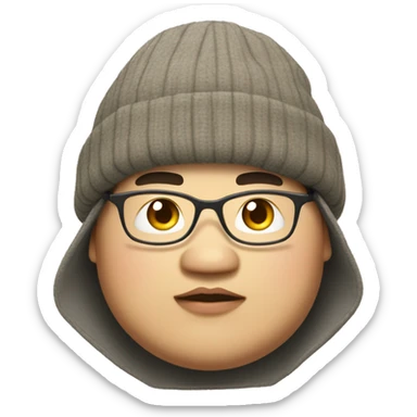 chubby asian dude wearing a Fishermans beanie and wearing large thin frame g sticker