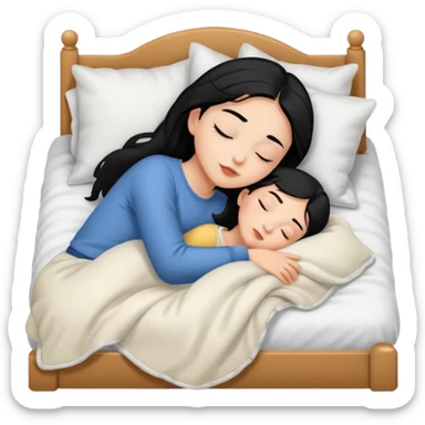 girl with black hair and light skin sleeping on a bed with a blanket onemoji sticker