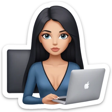 Glamours, tanned, very beautiful girl, with big pump peach-beige-rose lips, long lashes, black straight smooth silky long hair, straight parting hair, blue-grey eyes, in v-neck bodysuit holding MacBook sticker