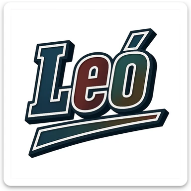 Leó name in masculine, modern, gradient font with precise Hungarian characters, dark outline, extra thick, prominent white letter frame as in sample images, dynamic slanted underline, masculine color shades (blue, gray, burgundy, green, brown), 1000x1000 px, PNG, transparent background sticker