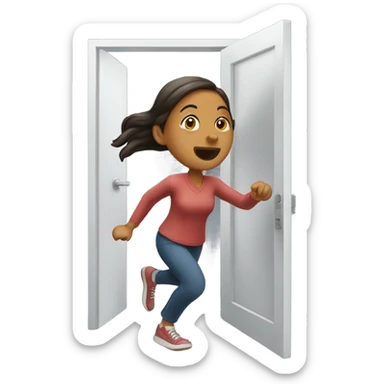 Woman running out a door sticker