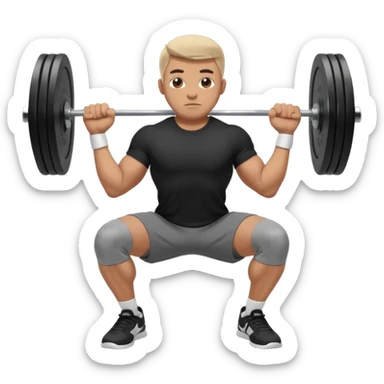 Hombre vestido con playera negra, pants gris y tenis blancos tipo jordan haciendo sentadilla libre con barra con un disco de 20 kilos por lado  sticker