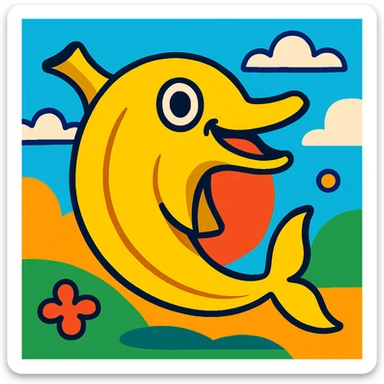 a whimsical banana shaped like a dolphin, bright colors, cartoon sticker