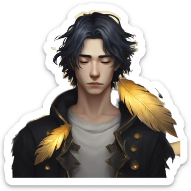 Hamlet young skinny sad man iridescent hair wearing raven feathers with a gilded hourglass and golden flames yin yang  sticker