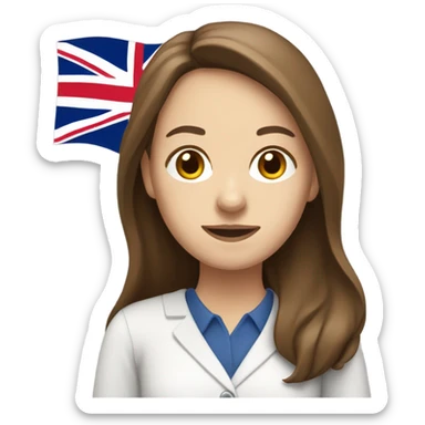 English teacher female with long brown hair and Britain flag sticker