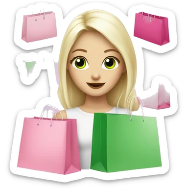 cute platinum blonde with green eyes surrounded by pink shopping bags sticker