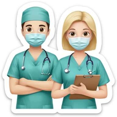 Doctor with surgical mask and scrubs next to another doctor with clipboard sticker