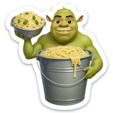 Shrek the green ogre holding a huge oversized bucket overflowing with carbonara pasta sticker