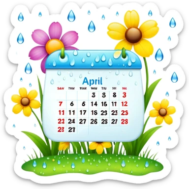 April 2024 calendar with spring flowers and raindrops sticker