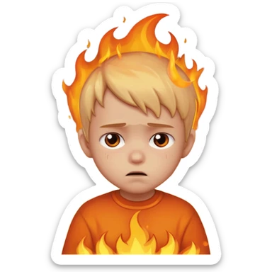 apple style emoji of a sad small child surrounded by flames sticker