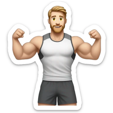Close up Actively gesturing  with hands Pale skinned Fit Man With the biceps and brown hair in dark gray Sleeveless Mike, black oversize sports shorts, watch and white Sneakers sticker