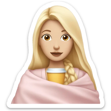 Blonde girl inside a light pink blancket sipping coffee eyes closed white skin blue eyes  sticker