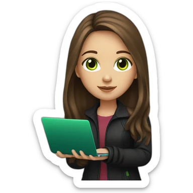 girl with long brown hair, green eyes,in black jacket, with laptop sticker