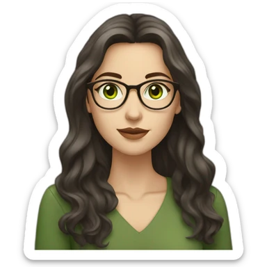 White woman with long dark brown hair and green eyes using glasses writing sticker