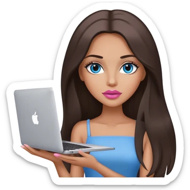 Glamours tanned very beautiful girl with pump pink-beige lips and dark chocolate straight smooth long hair, blue-grey eyes with MacBook sticker