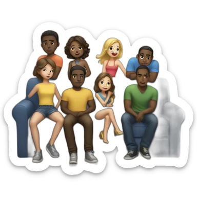 a light-skinned girl sits on a sofa and five dark-skinned guys stand behind sticker
