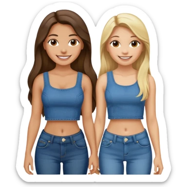 a long hair brunette girl and a blonde girl in jeans and crop tops smiling friends sticker