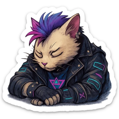  a anthro cat laying down his head to nap, punk gothic style, futuristic cyberwave cyberpunk, sticker