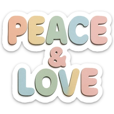 "Peace & Love" soft pastel rainbow rounded bold letters, kawaii cute font, no border, transparent PNG sticker