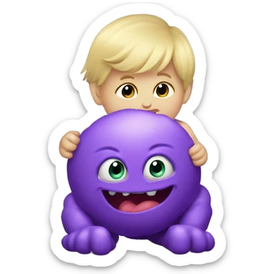 Little blonde baby boy playing with a purple giant monster sticker
