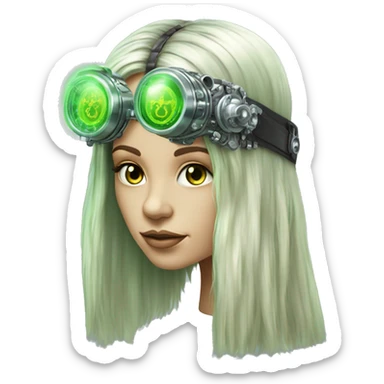 Light green long hair female cyborg head with silver steampunk headband goggles, circuits sticker