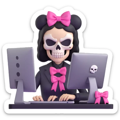 female Punisher skull character with pink bow working on computer sticker